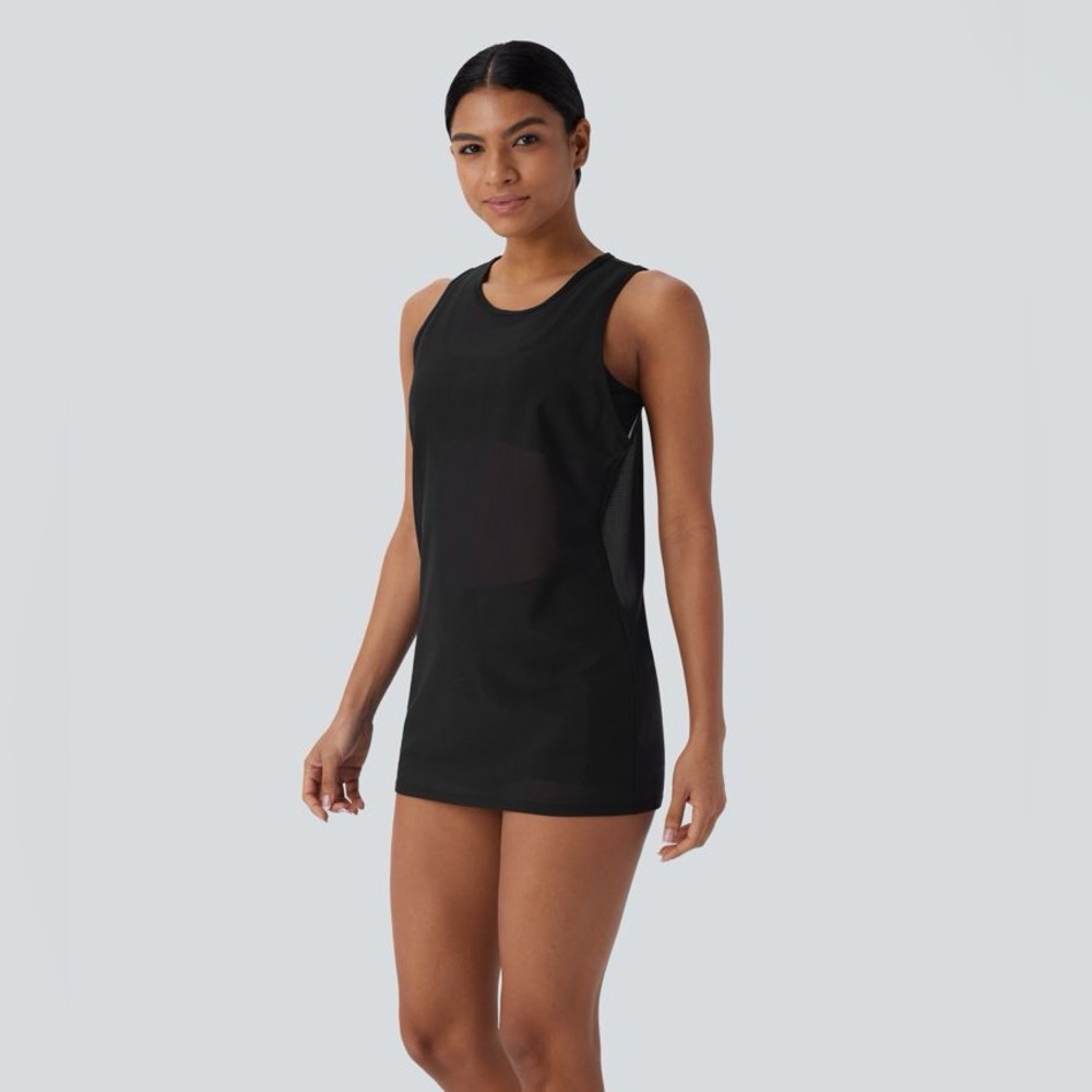 Halara NWT Sheer Round Neck Mesh Longline Running Tank Top Sz XL black